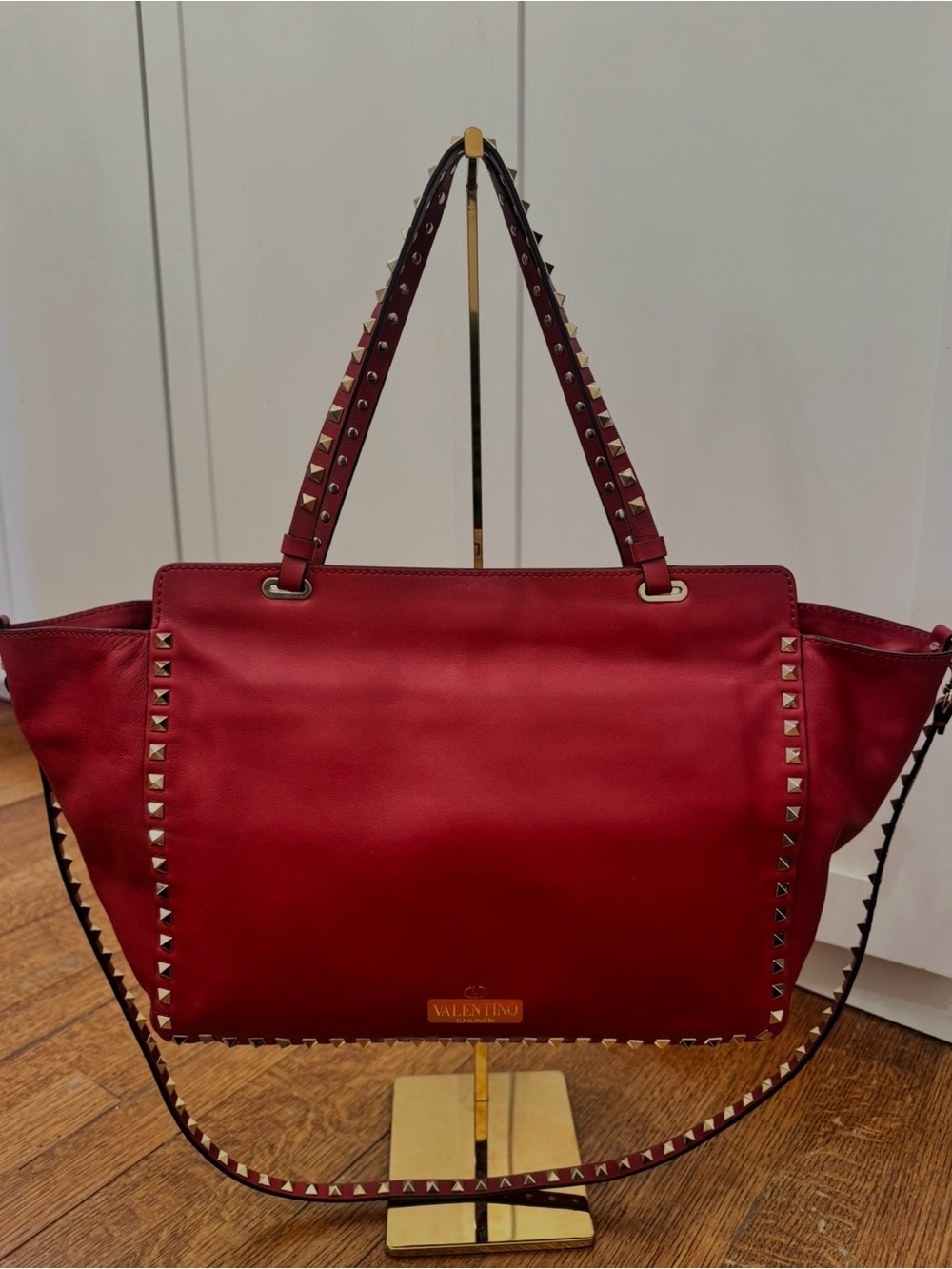 Valentino Red Leather Rockstud Tote with Gold Hardware